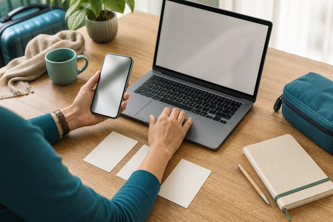 Reisender vergleicht digitale Reiseangebote an Laptop und Smartphone.