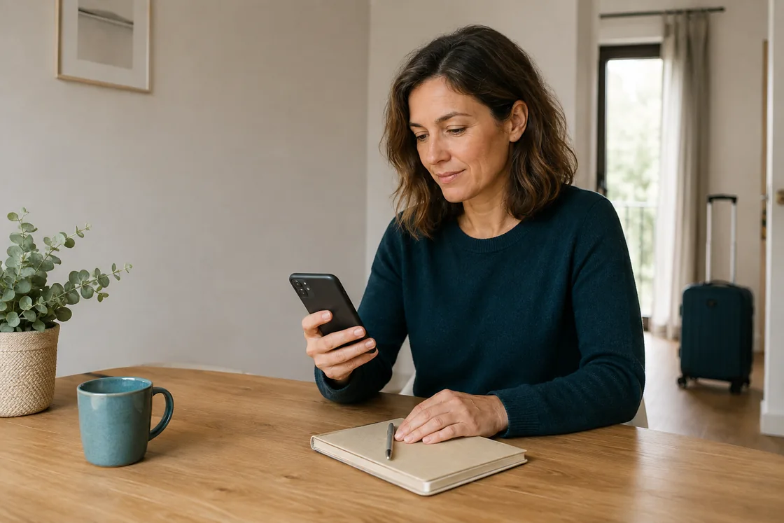 Reisende prüft zu Hause ihr Smartphone neben einem geschlossenen Notizbuch und Reisegepäck.