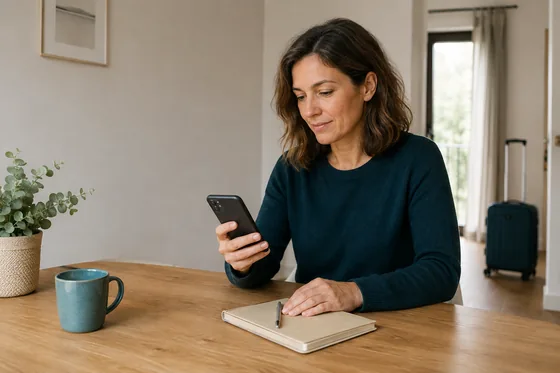 Reisende prüft zu Hause ihr Smartphone neben einem geschlossenen Notizbuch und Reisegepäck.
