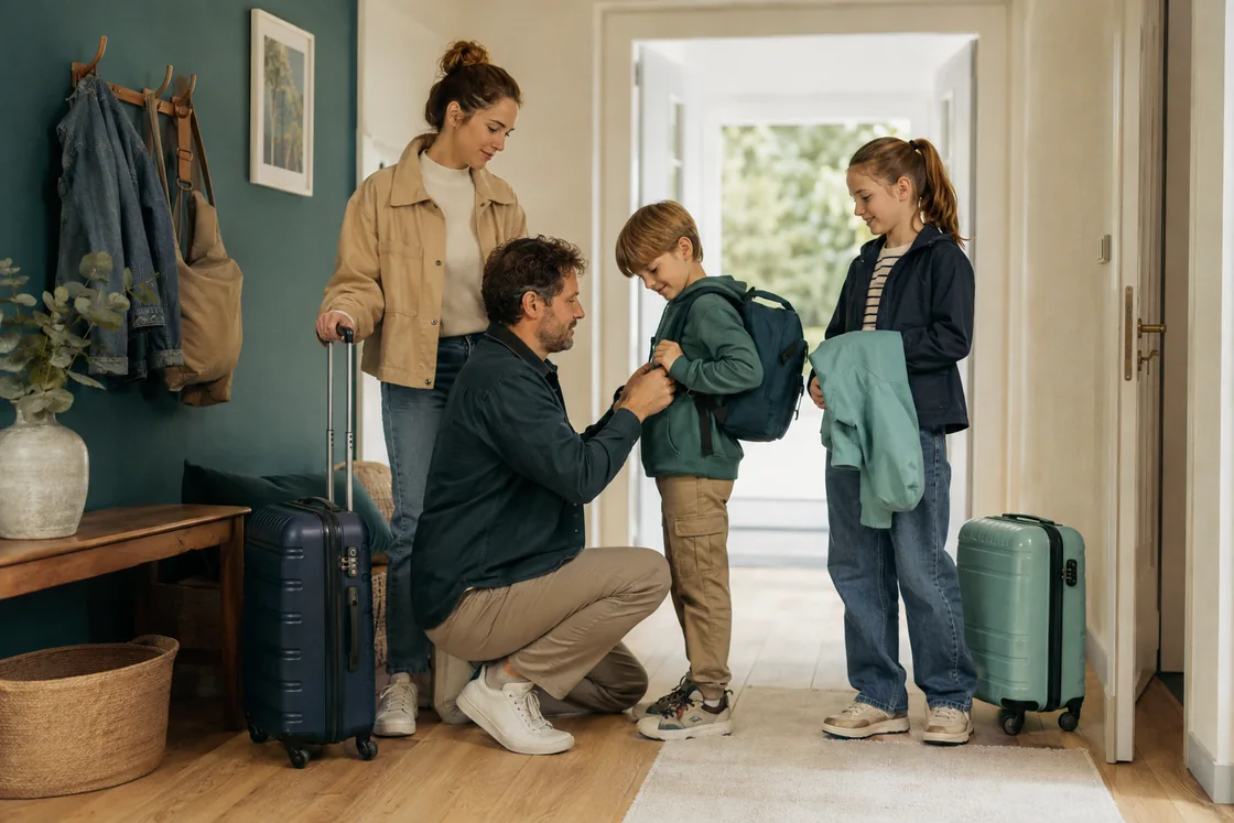 Zwei Erwachsene und zwei Kinder bereiten sich zu Hause gemeinsam auf die Abreise vor.